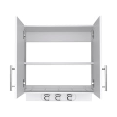 Wall cabinet 27" H, three broom hangers and metal handles, two internal shelves, two doors, white