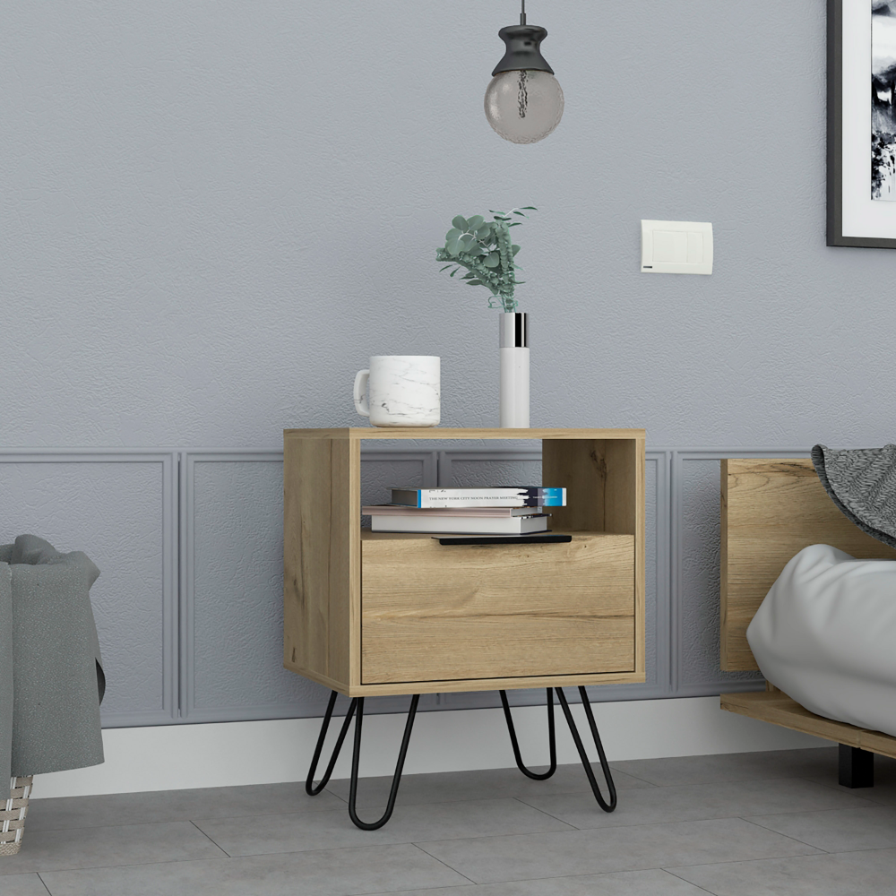 Nightstand 22"H, One Open Shelf, Single Door Cabient, Hairpin Legs, Light Oak