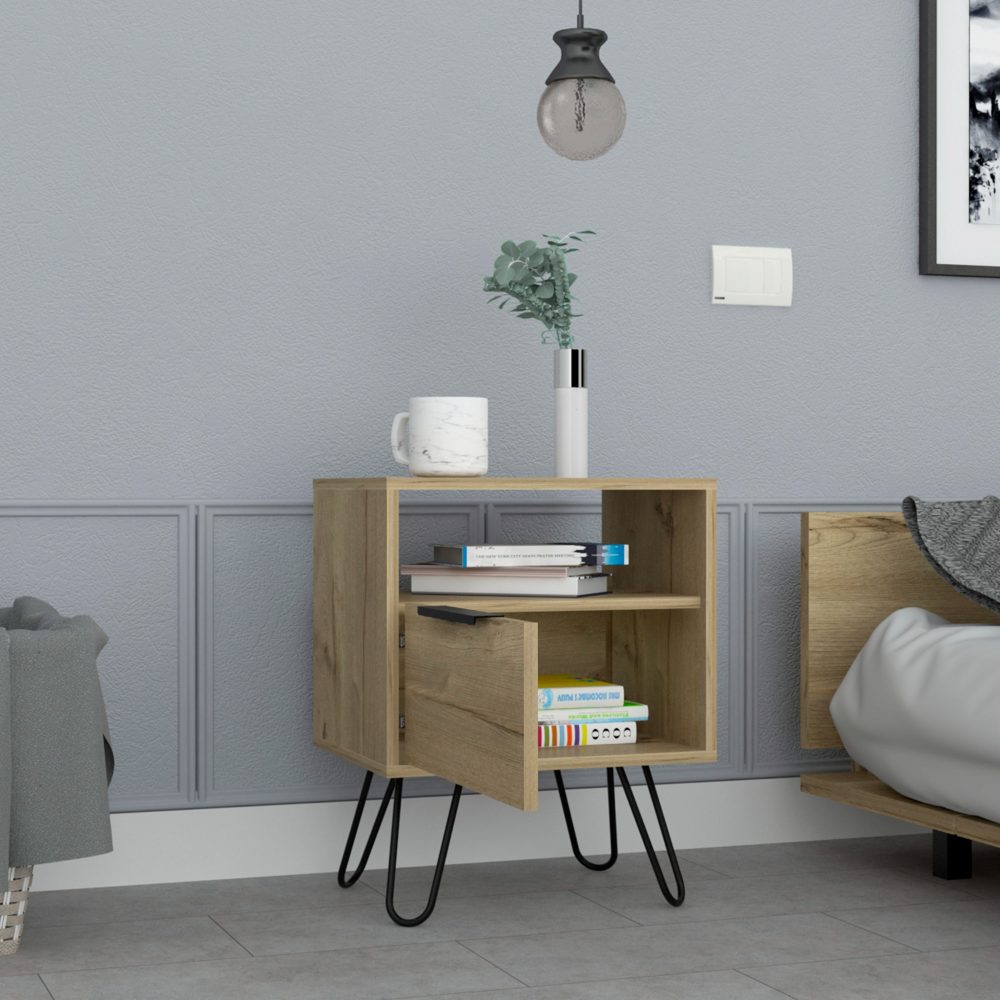 Nightstand 22"H, One Open Shelf, Single Door Cabient, Hairpin Legs, Light Oak