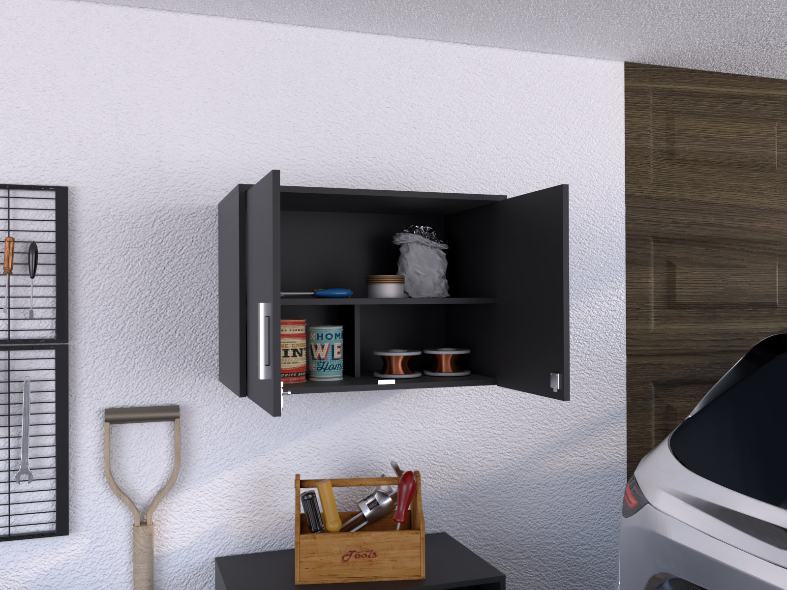 Wall Storage Cabinet 20" H, Two Doors, Three Internal Shelves, Black