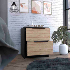 Modern Nightstand 19" H, Two Drawers, Black / Pine