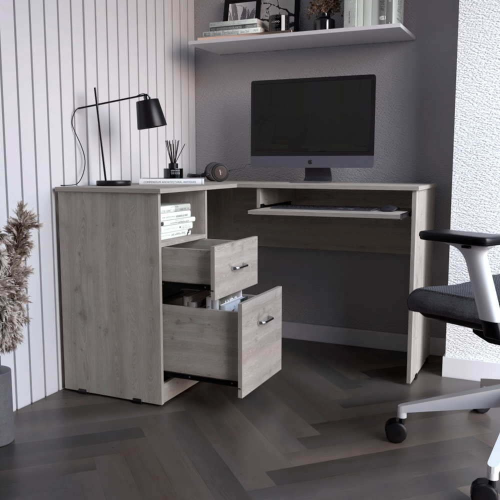 L-Shaped Desk, Keyboard Tray, Two Drawers, One Open Shelf, Light Gray