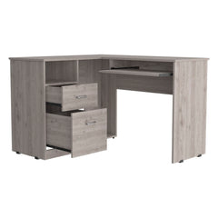 L-Shaped Desk, Keyboard Tray, Two Drawers, One Open Shelf, Light Gray