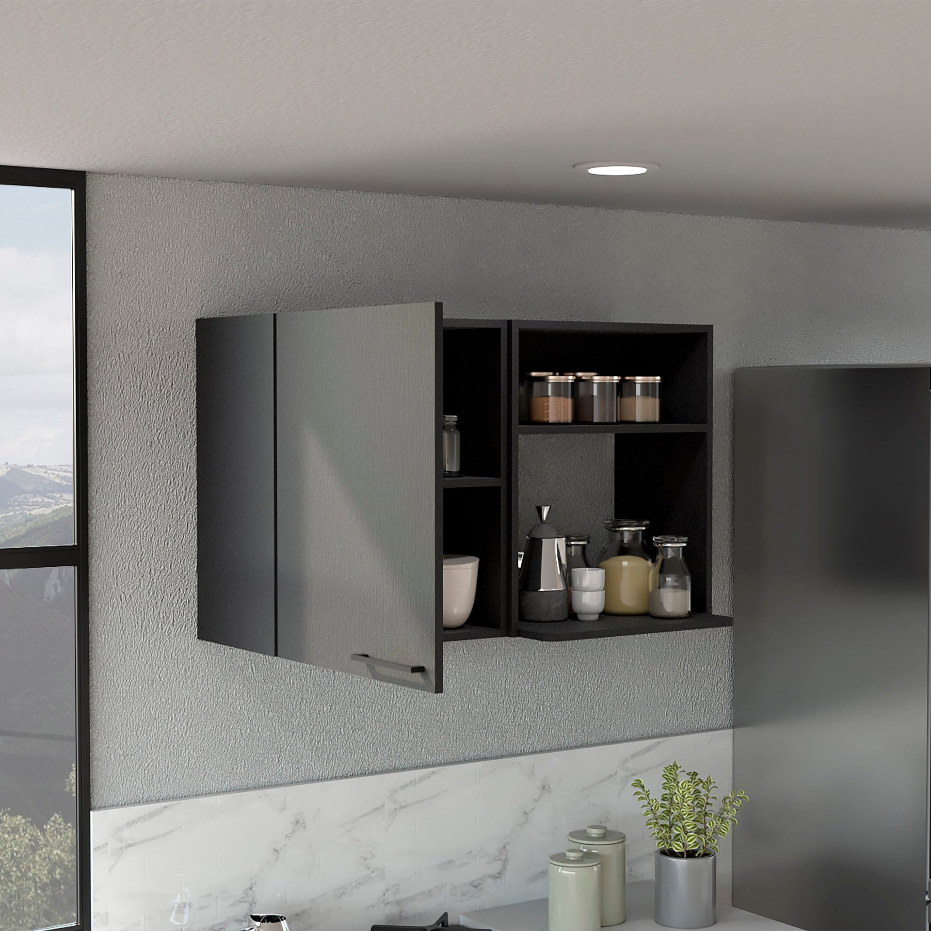 Stackable Wall Storage Cabinet 24" H, Two Internal Shelves, Two External Storage Shelves, One Door, Black