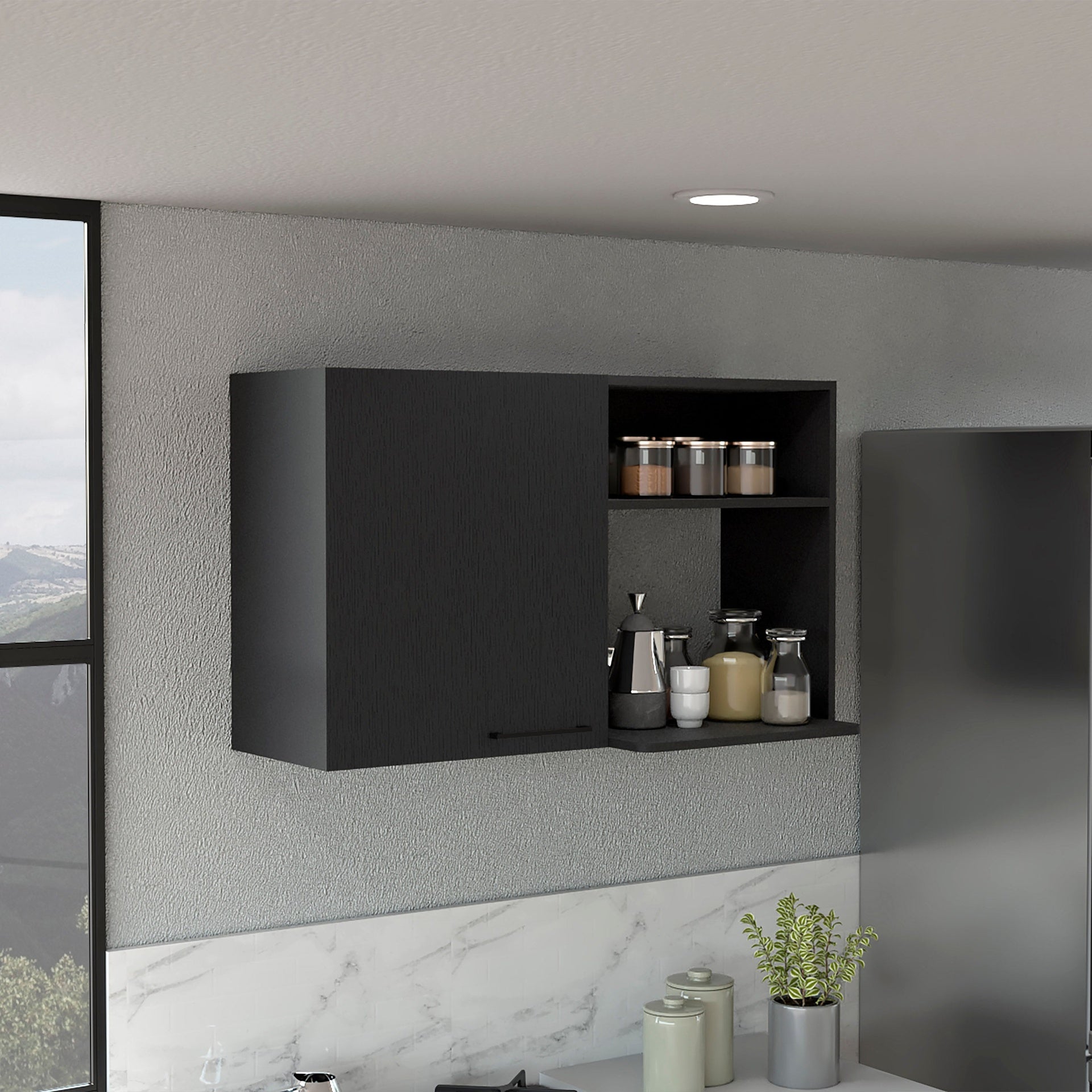 Stackable Wall Storage Cabinet 24" H, Two Internal Shelves, Two External Storage Shelves, One Door, Black
