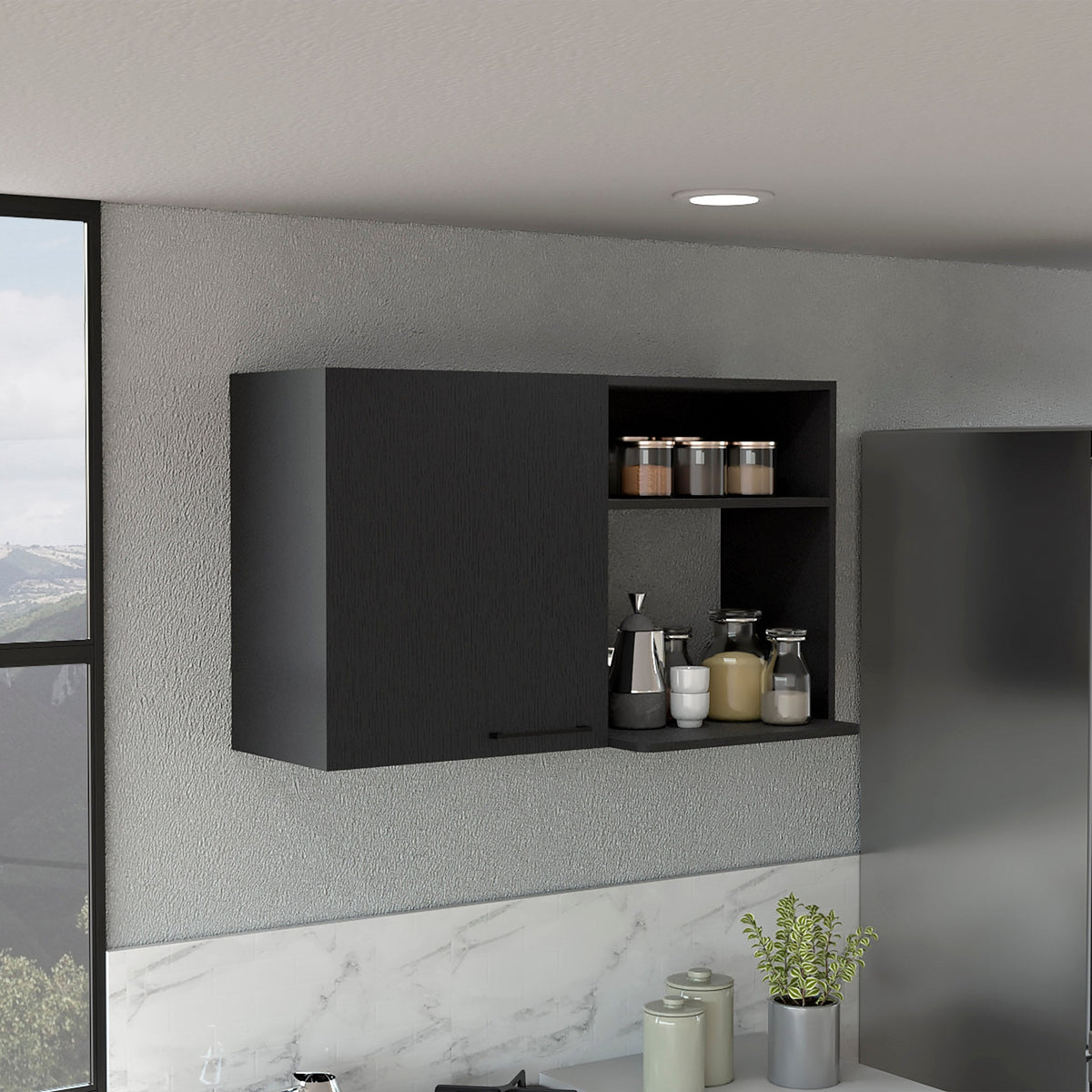 Stackable Wall Storage Cabinet 24" H, Two Internal Shelves, Two External Storage Shelves, One Door, Black