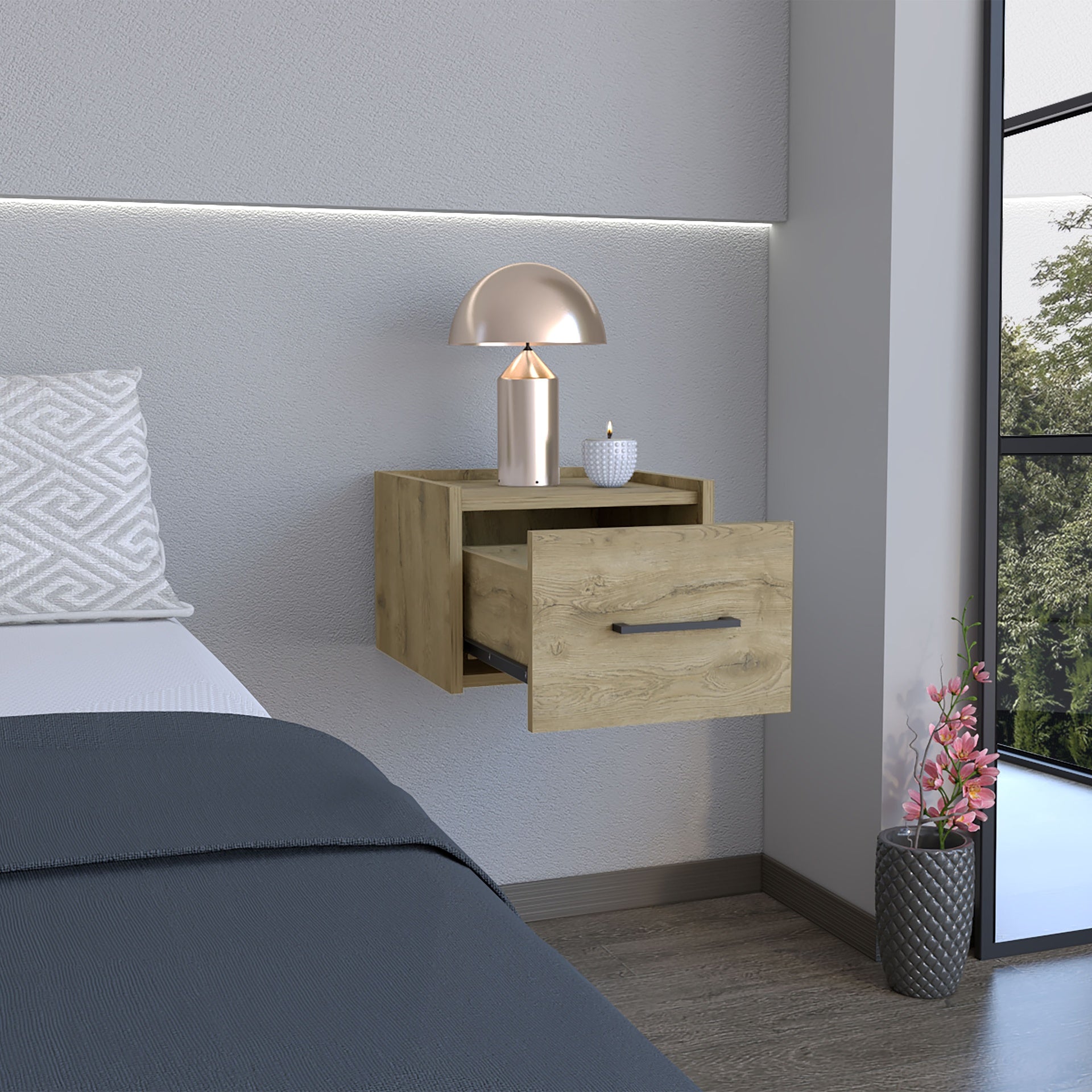 Floating Nightstand, Space-Saving Design with Handy Drawer and Surface, Macadamia