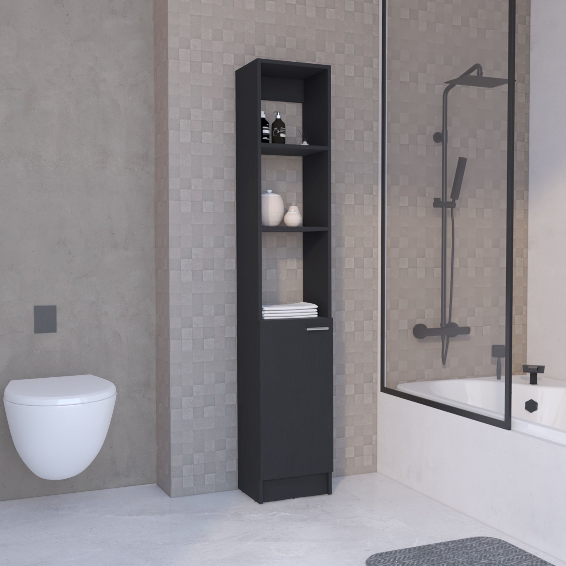 Linen Cabinet, 1 Door, 6 Shelves, Black