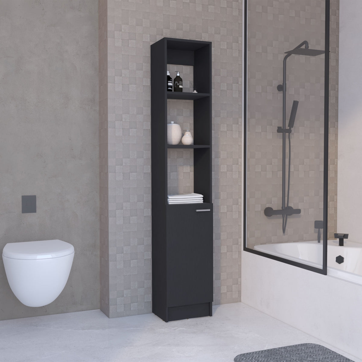 Linen Cabinet, 1 Door, 6 Shelves, Black