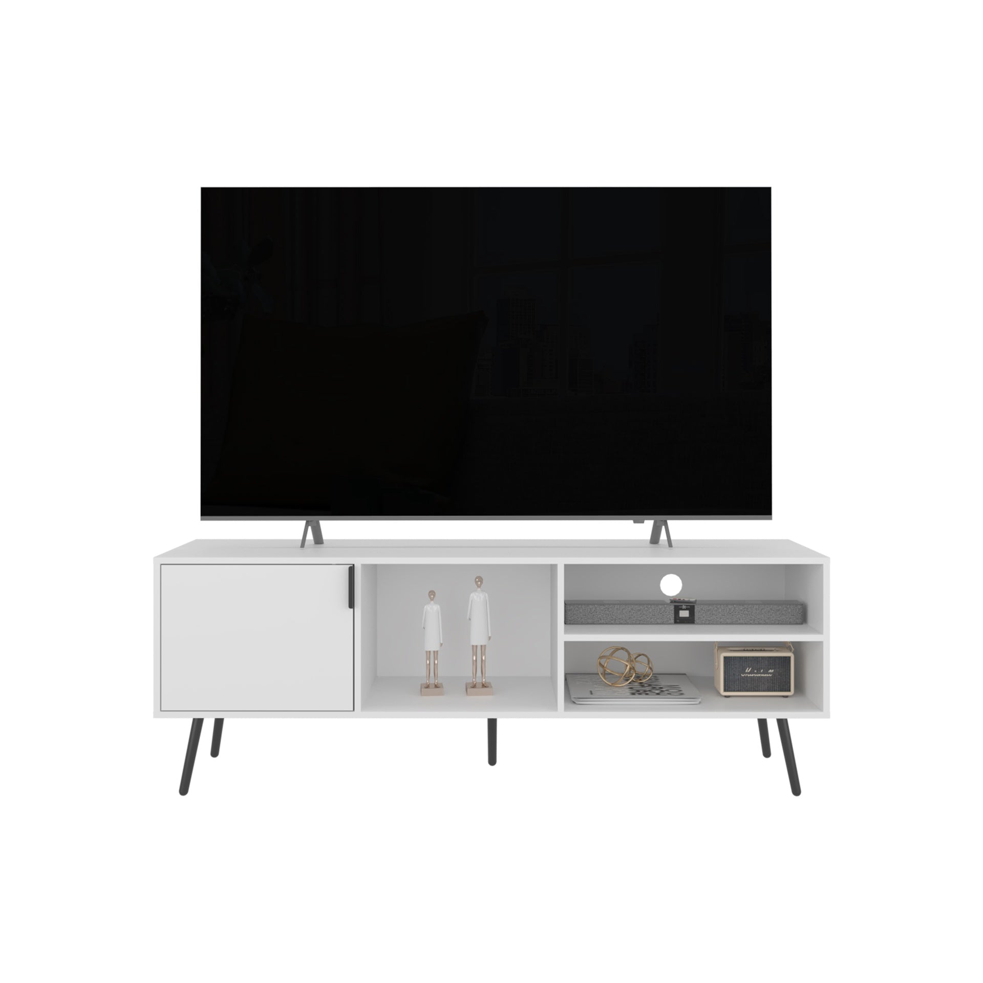 TV Stand, 1 Door, 3 Shelves, White