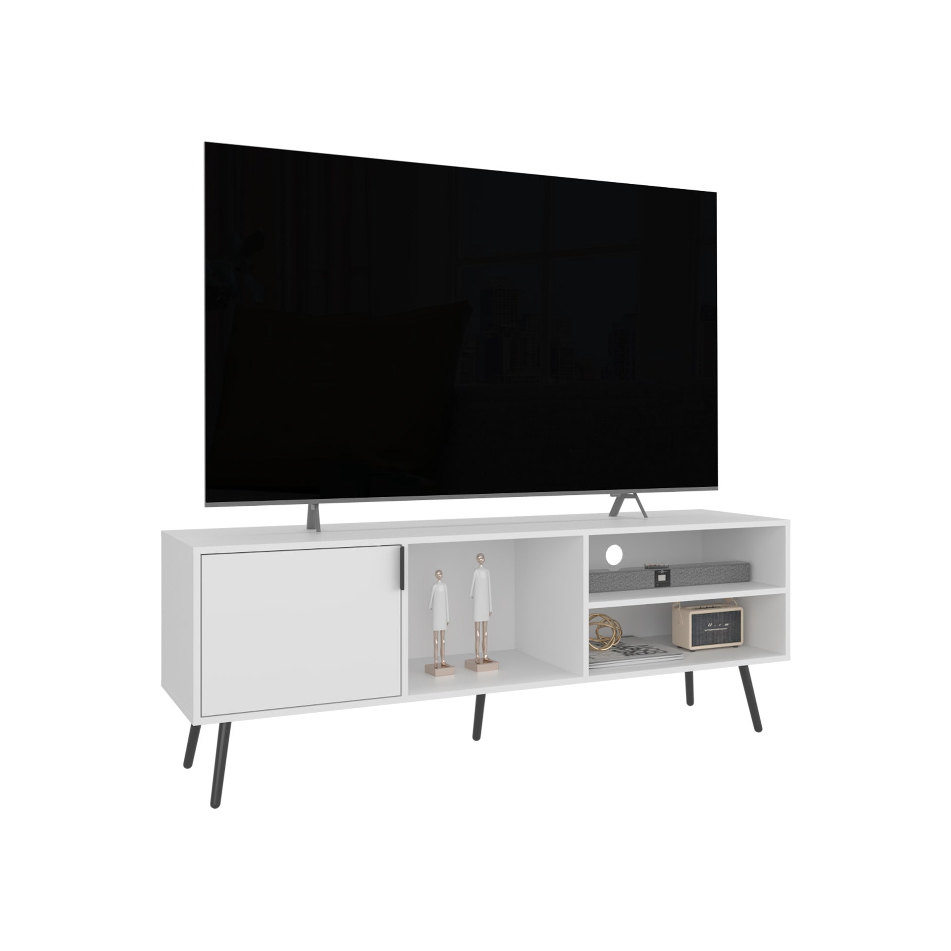 TV Stand, 1 Door, 3 Shelves, White