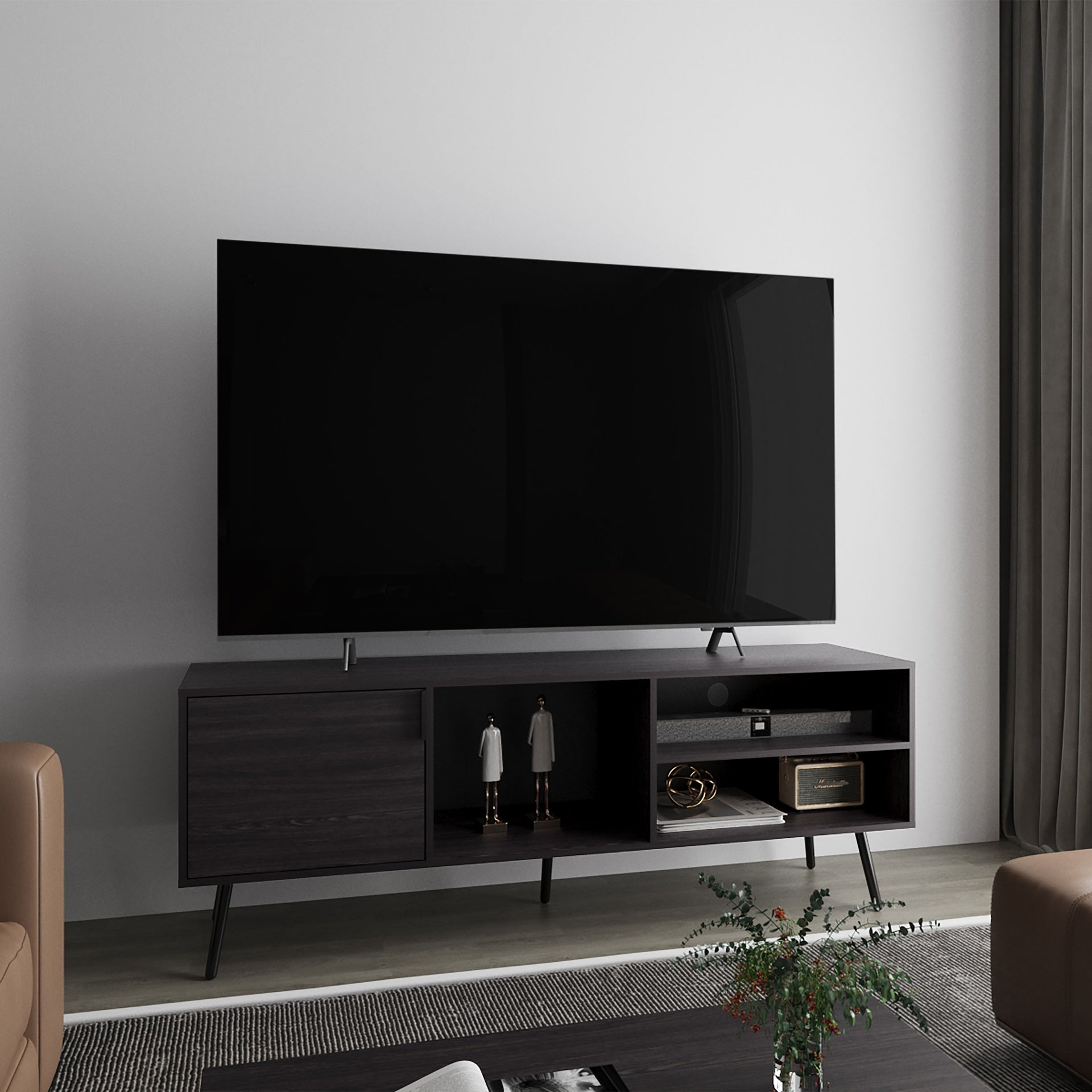 TV Stand, 1 Door, 3 Shelves, Black