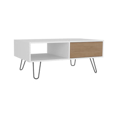 Coffee Table, 1 Drawer, 1 Shelf, White / Natural Oak