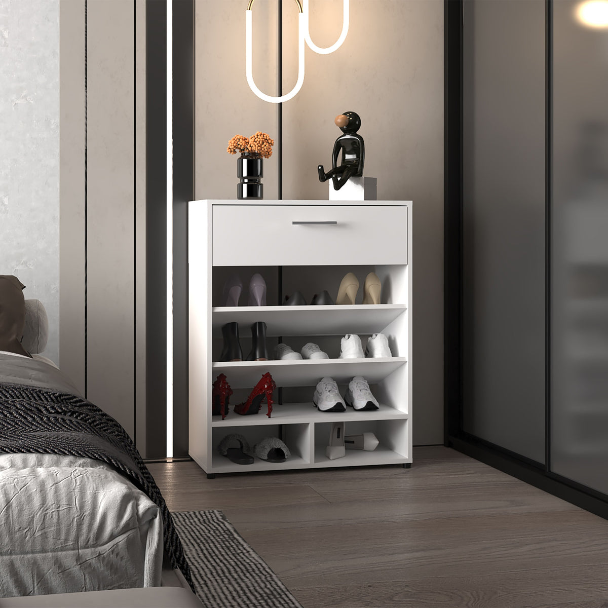 Shoe Rack, 1 Door, 4 Legs, 5 Shelves