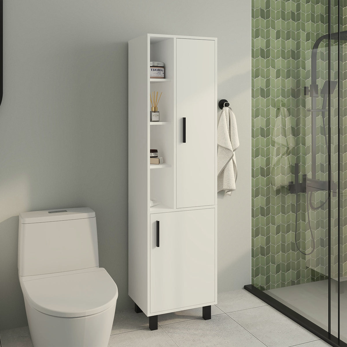Storage Cabinet, 2 Doors, 9 Shelves, 4 Legs, White