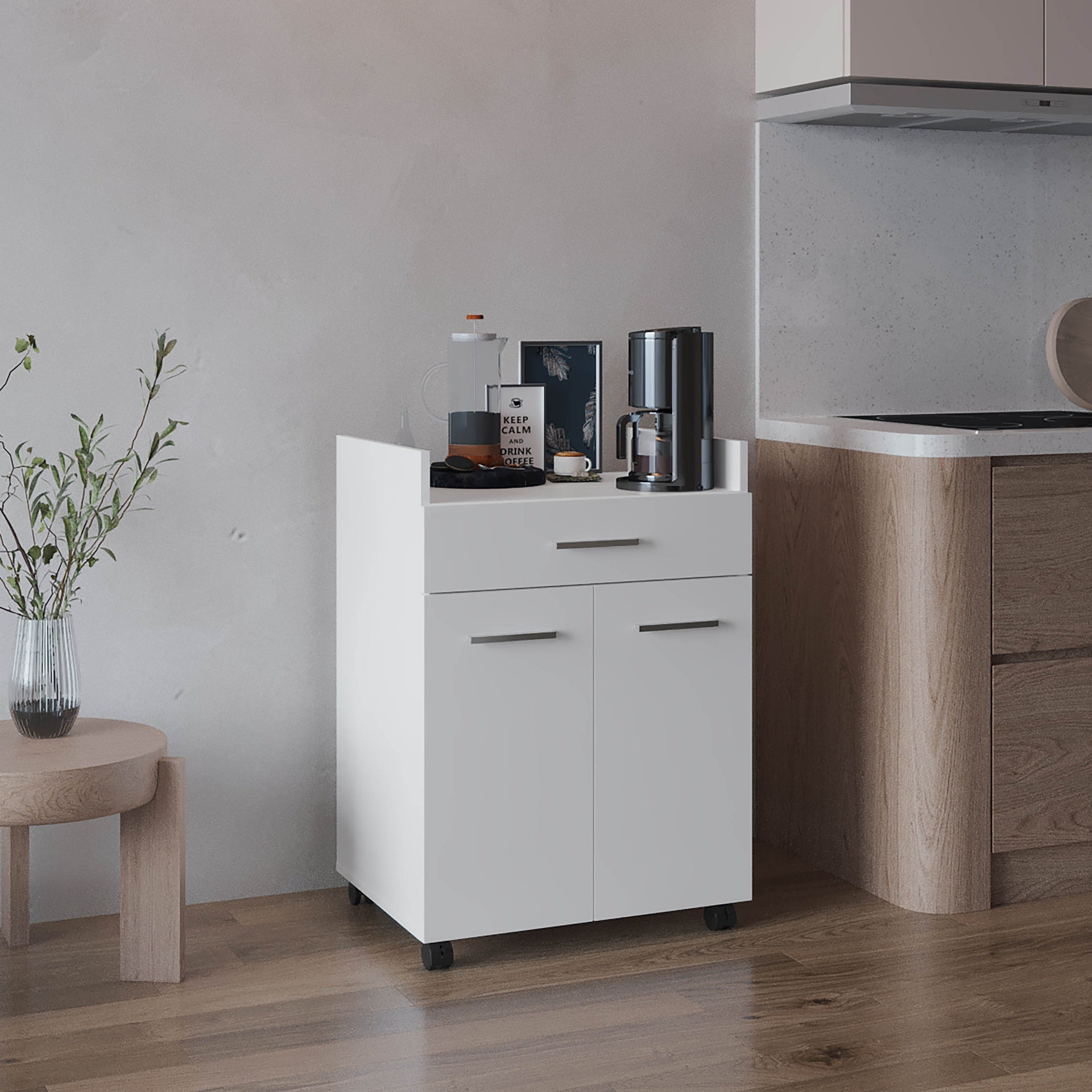 Kitchen Cart, 2 Doors, 1 Drawer, 4 Wheels, 2 Shelves, White