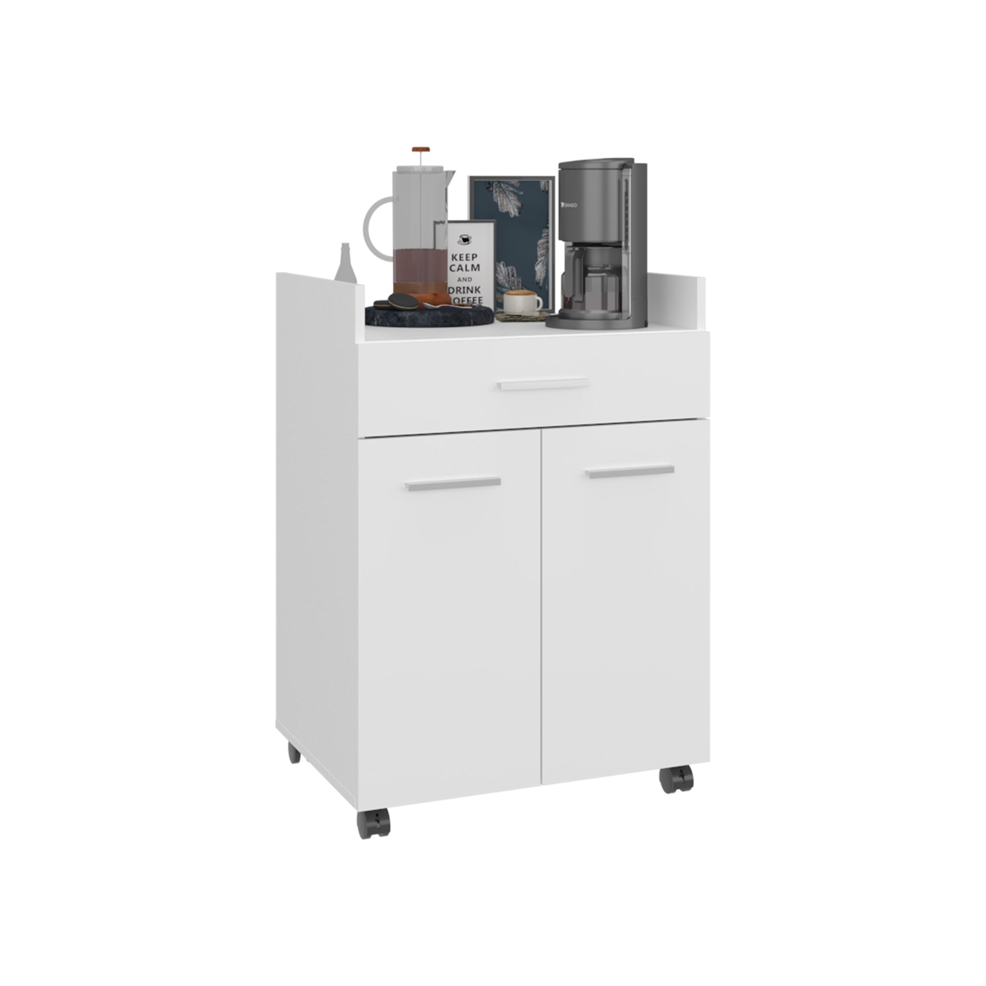 Kitchen Cart, 2 Doors, 1 Drawer, 4 Wheels, 2 Shelves, White