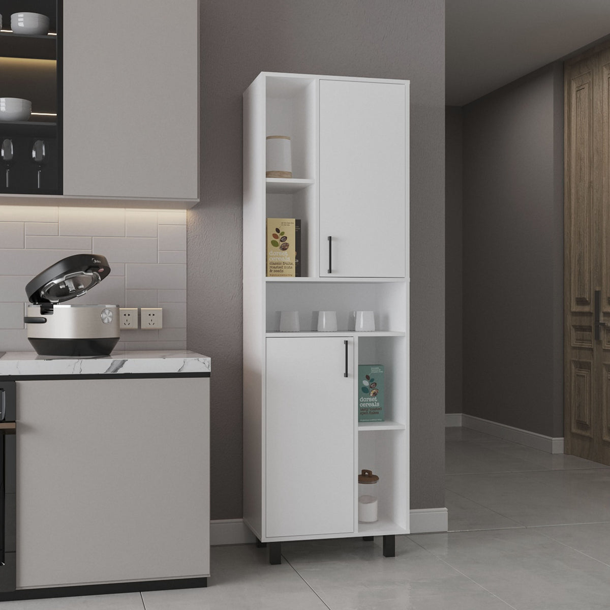Kitchen Pantry Cabinet, 2 Doors, 4 Legs, 9 Shelves, White