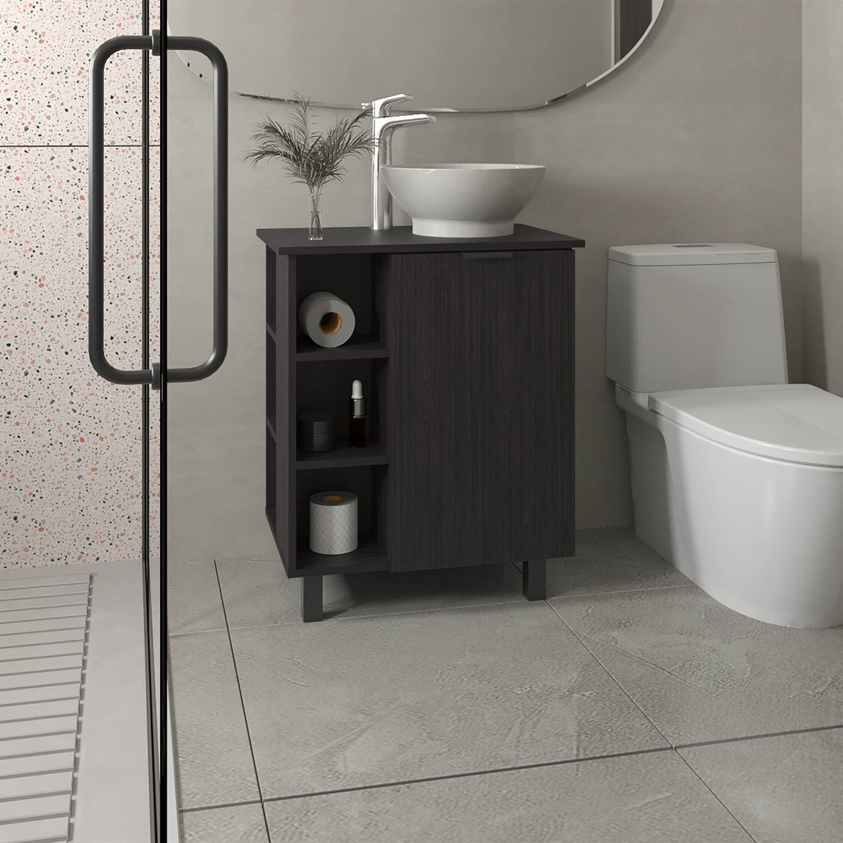 Vanity with Sink, 1 Door, 4 Legs, 5 Shelves, Black Wengue