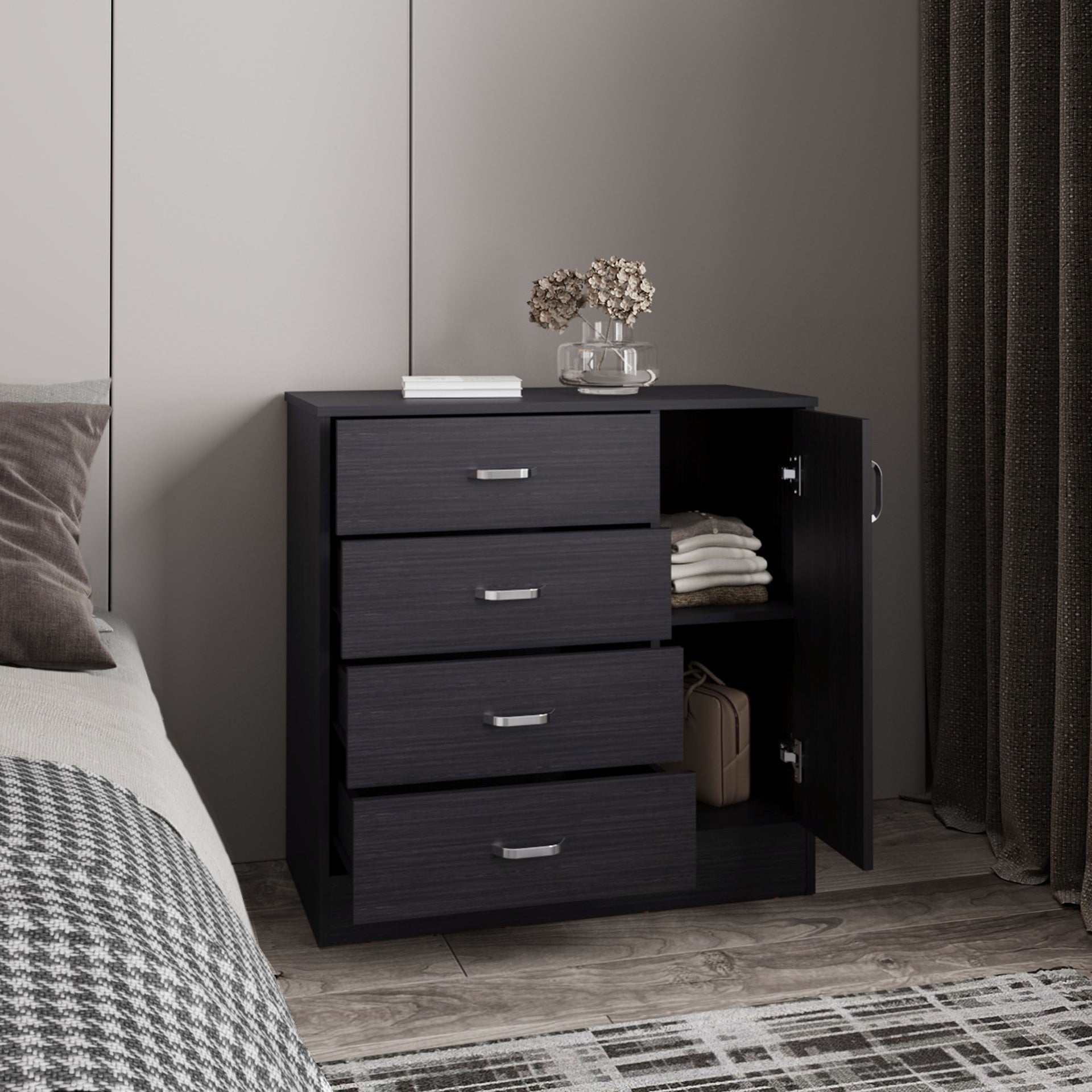 Dresser, 1 Door, 4 Drawers, 2 Shelves, Black Wengue