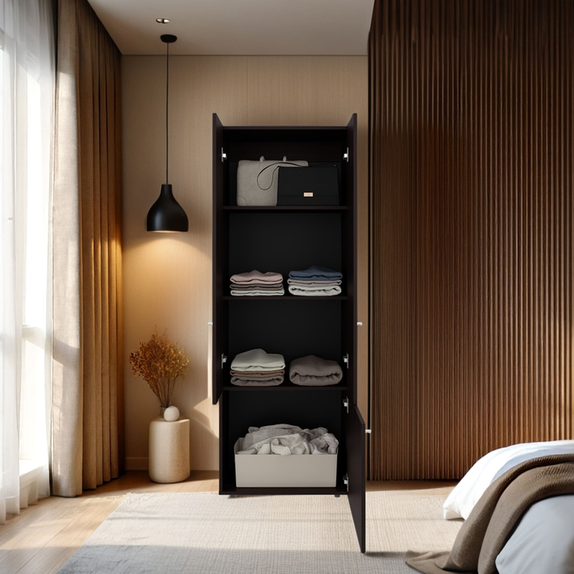 Armoire, 3 Doors, 3 Shelves, Walnut / Black Wengue