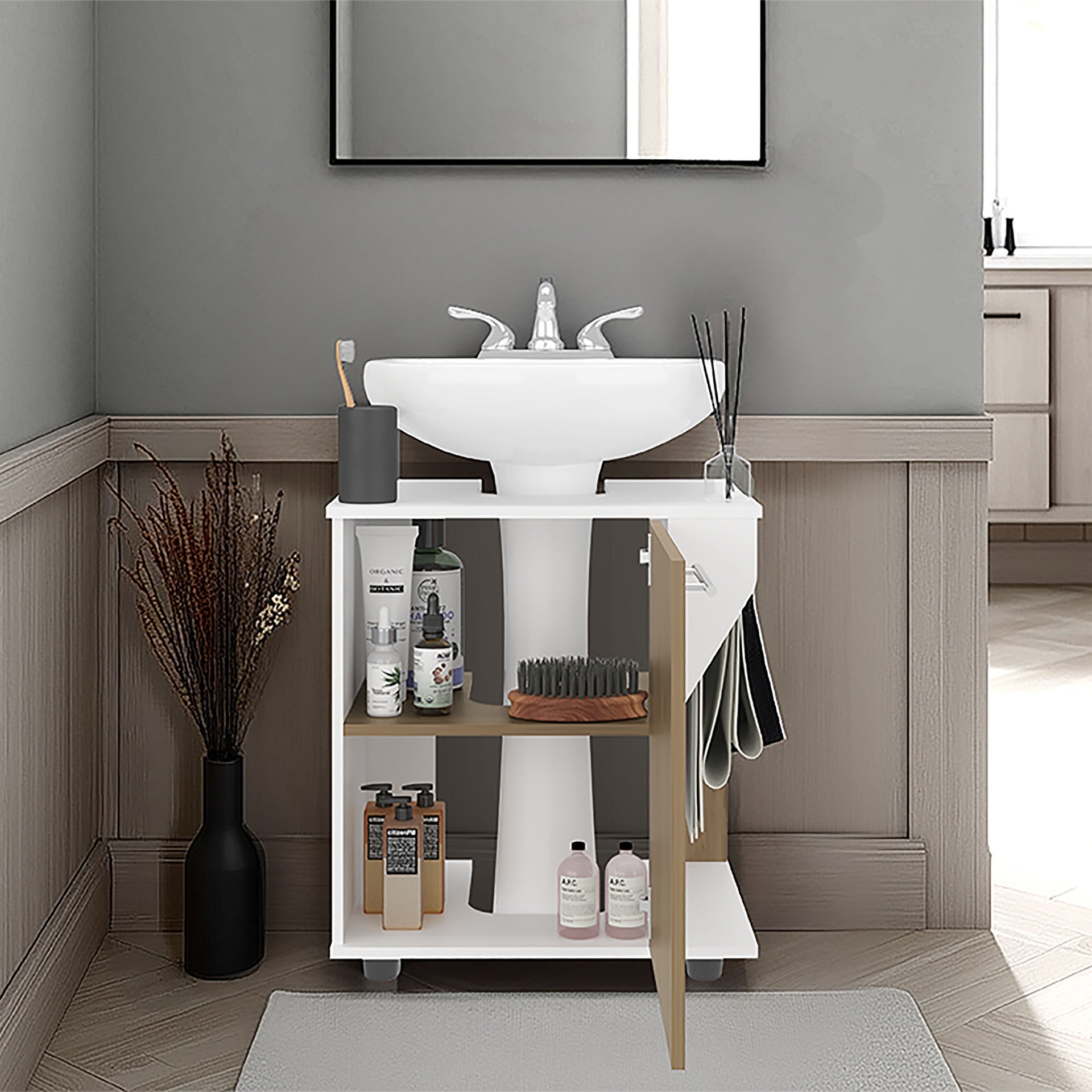 Under Sink Storage 24.4" H, 1 Door, 2 Shelves, 4 Legs, White / Natural Oak - Bathroom