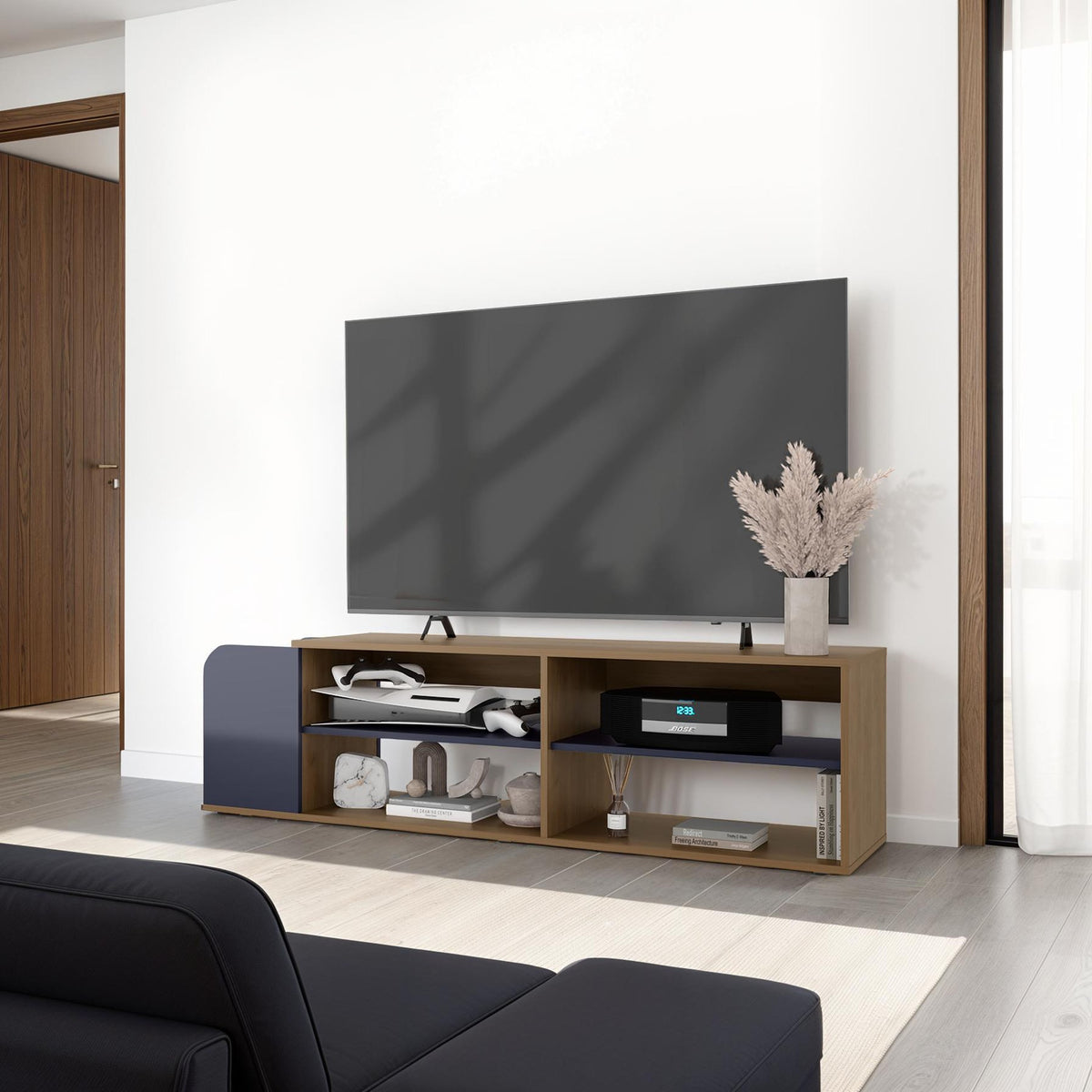 TV Stand 16.5" H, 4 Shelves, Natural Oak / Alby Blue - Living Room