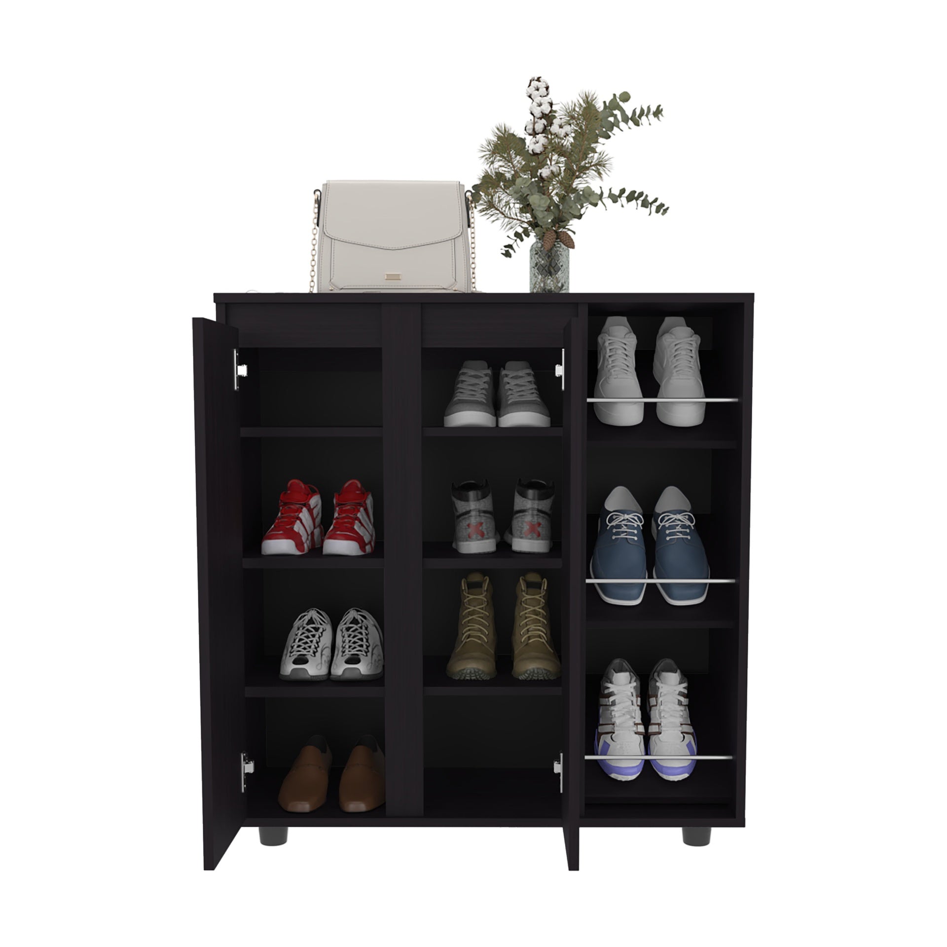 Flippin Shoe Rack 36" H, 2 Doors, 11 Shelves, Black Wengue - Bedroom