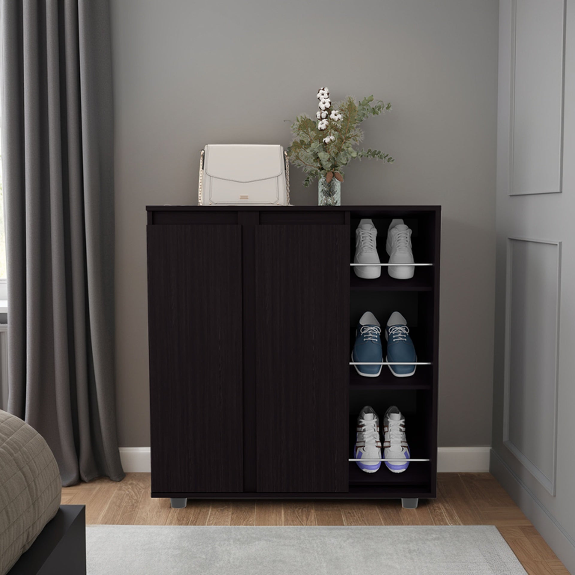 Flippin Shoe Rack 36" H, 2 Doors, 11 Shelves, Black Wengue - Bedroom
