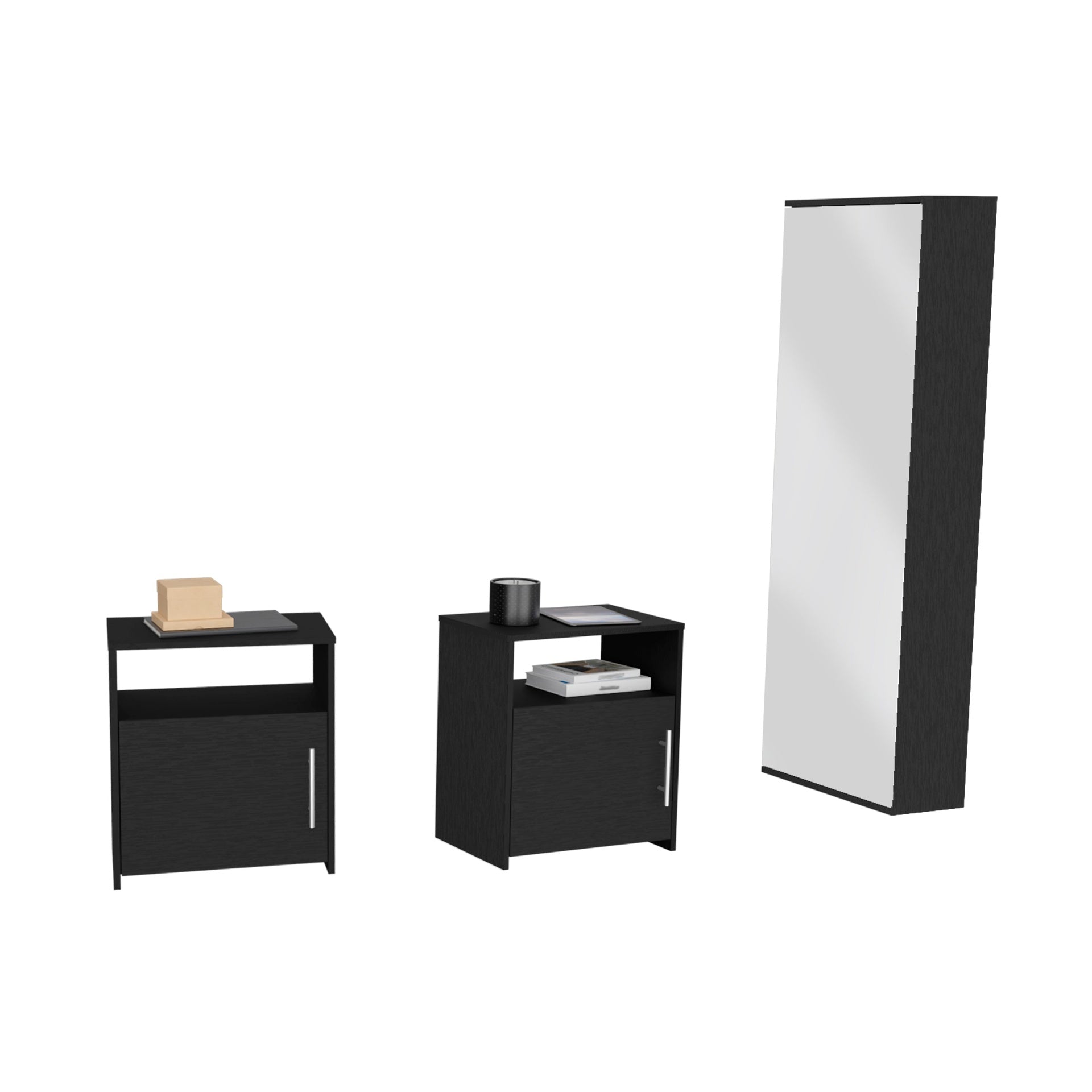 3 Piece Bedroom Set, Baltimore Shoe Rack + 2 Omaha Nightstands, Black
