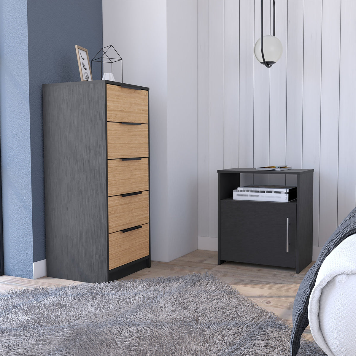 2 Piece Bedroom Set, Egeo 5 Drawer Dresser  + Omaha Nightstand, Black / Light Oak