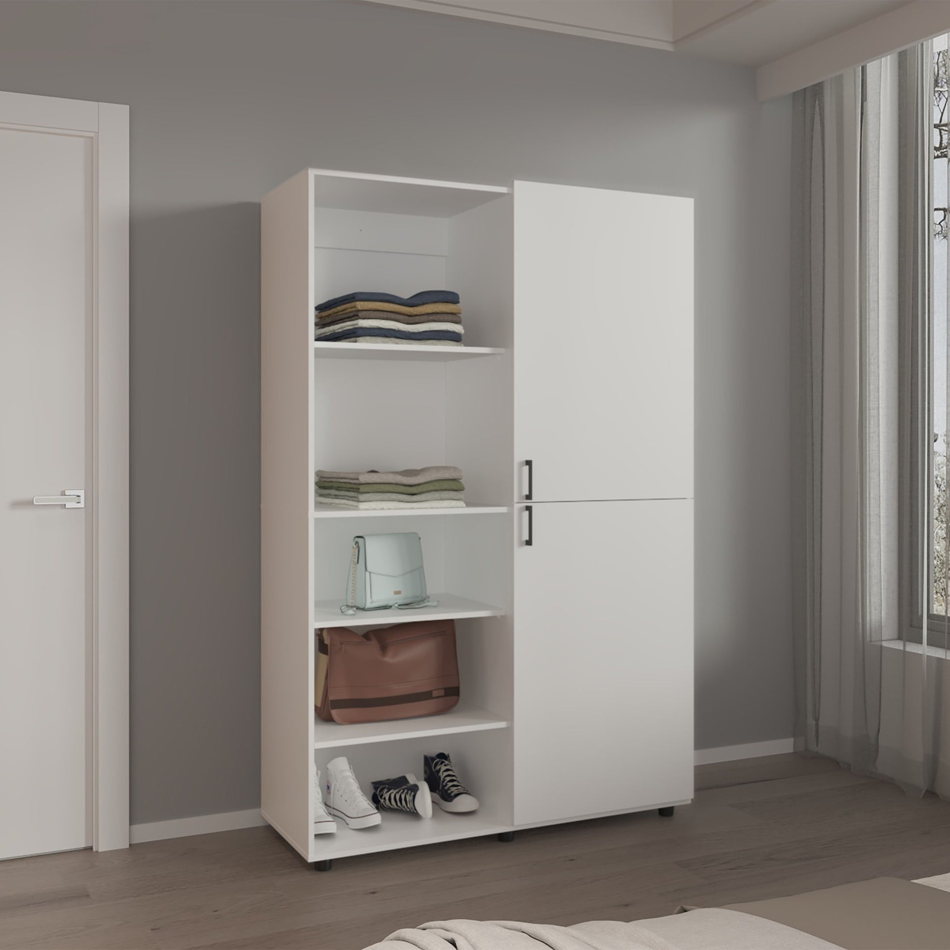 Wardrobe 72.4 inch H, 2 Doors, 6 Legs, 5 Shelves, White - Wardrobe