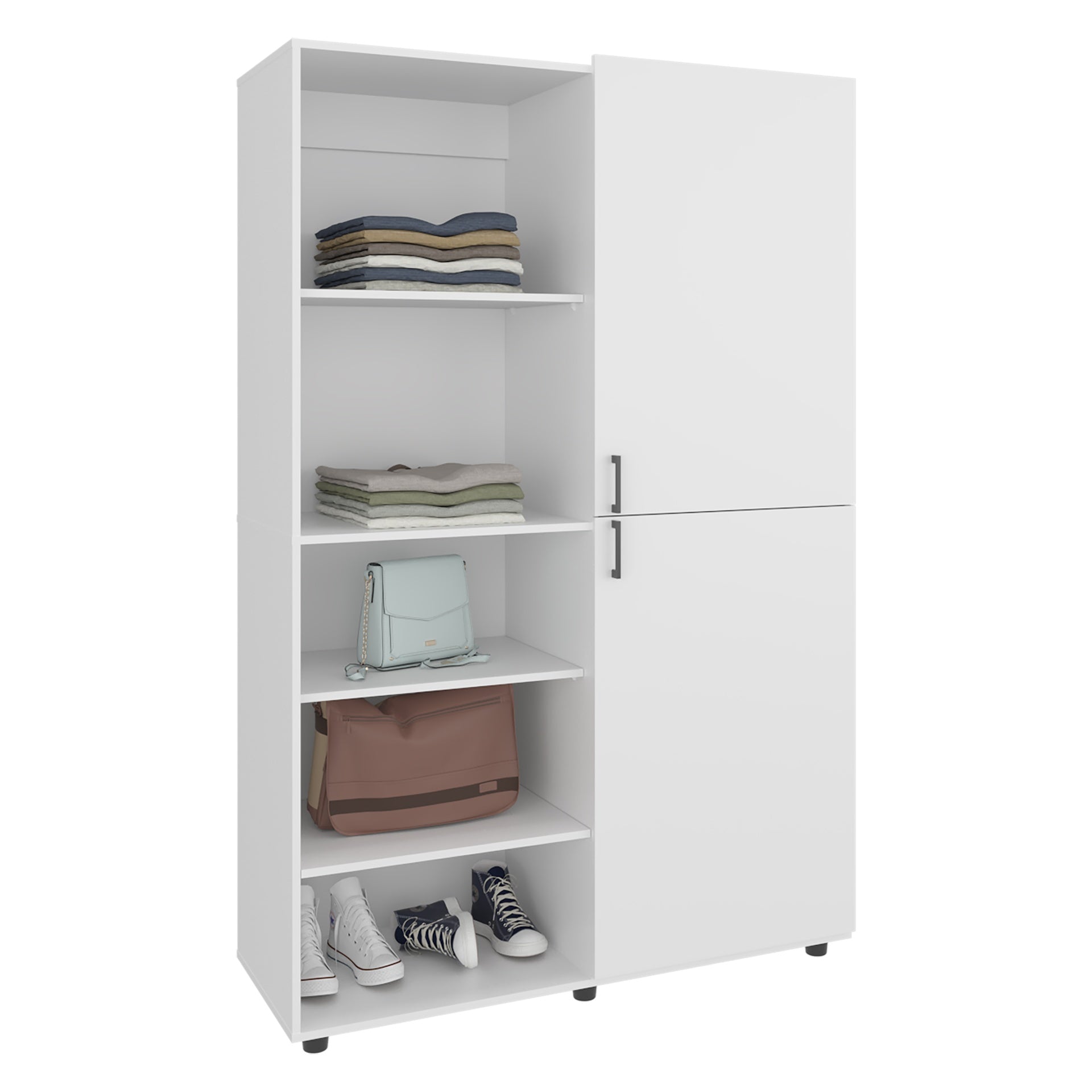 Wardrobe 72.4 inch H, 2 Doors, 6 Legs, 5 Shelves, White - Wardrobe