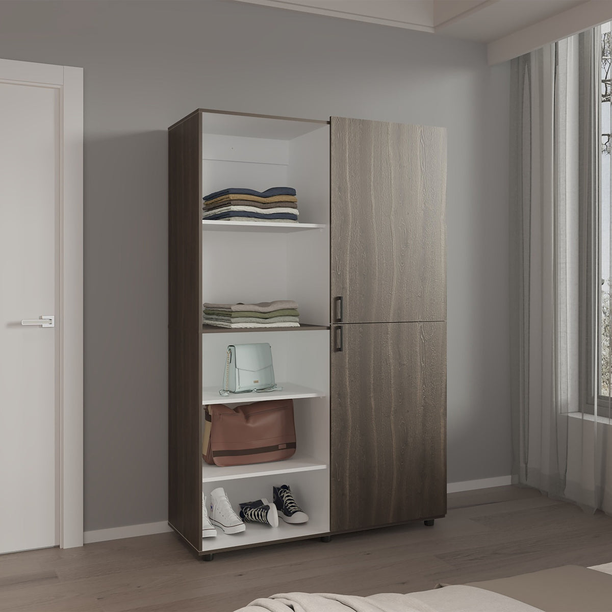 Wardrobe 72.4 inch H, 2 Doors, 6 Legs, 5 Shelves, Gray Walnut - Wardrobe