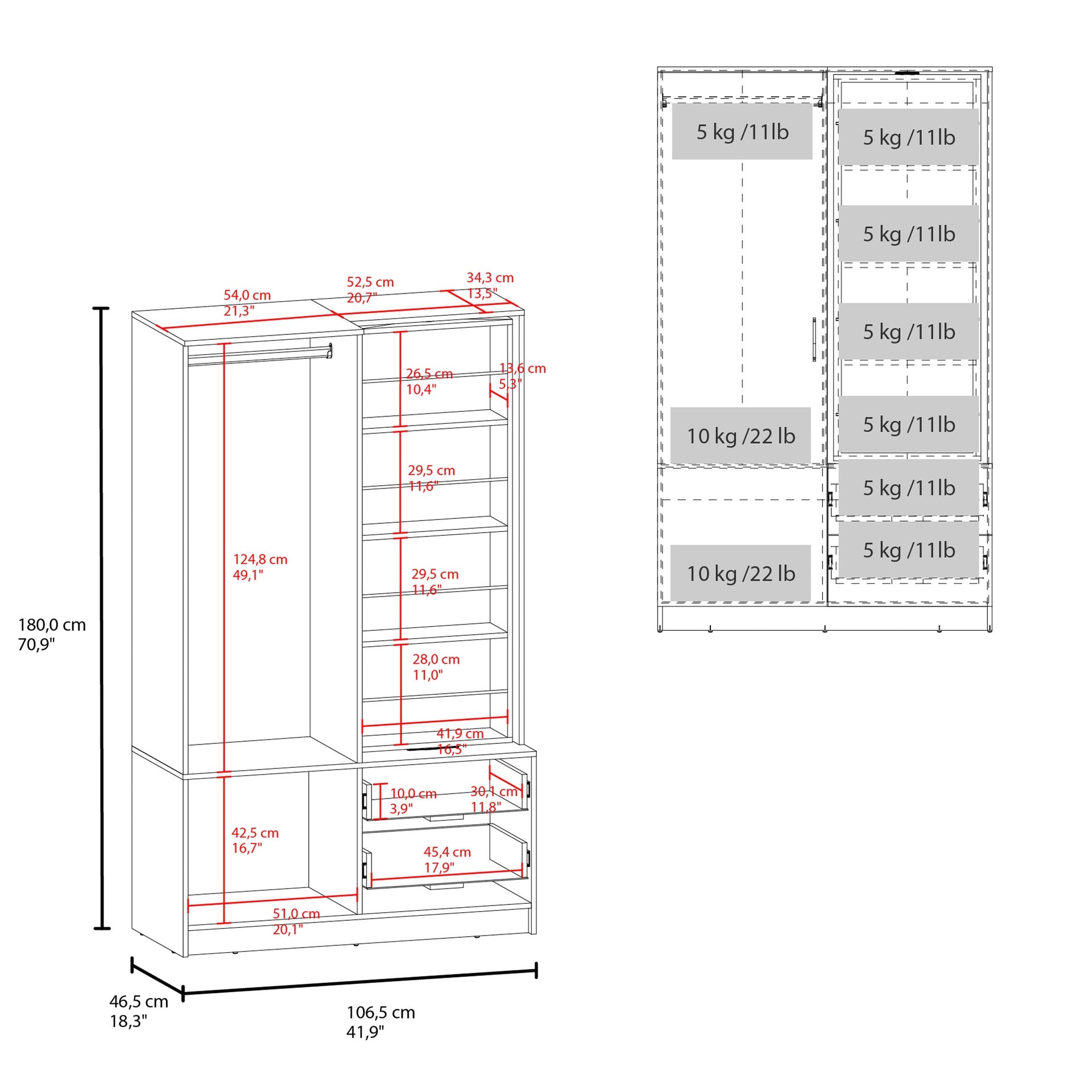 Vinco Armoire, 1 Door, 2 Drawers, 6 Shelves, 1 Mirror, White - Bedroom