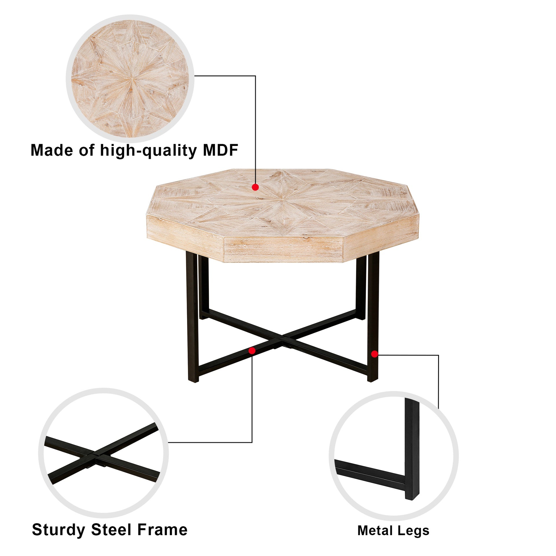 Wood Octagonal Vintage Patchwork Craft Farmhouse 30 Inch Wooden Table Top Cross Metal Legs Coffee Table for Living Room(Antique Wood)