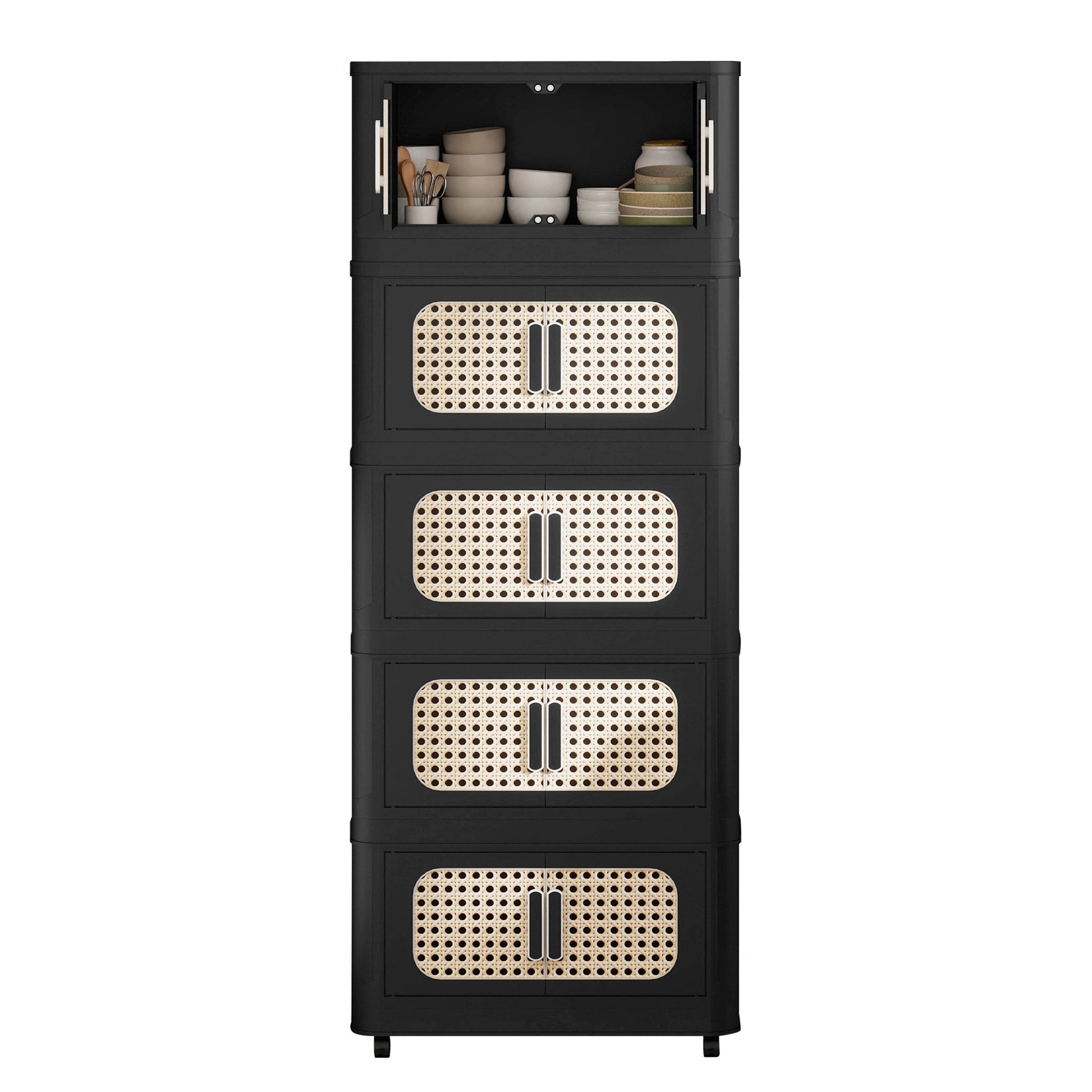 Retro Black, 20" Side Wide Folding Storage Cabinet ,4 Tiers,19.69"×11.81"×40.55",Collapsible Storage Bins with Magnetic Door, Plastic Storage Cabinet with Wheels