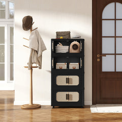 Retro Black, 20" Side Wide Folding Storage Cabinet ,4 Tiers,19.69"×11.81"×40.55",Collapsible Storage Bins with Magnetic Door, Plastic Storage Cabinet with Wheels