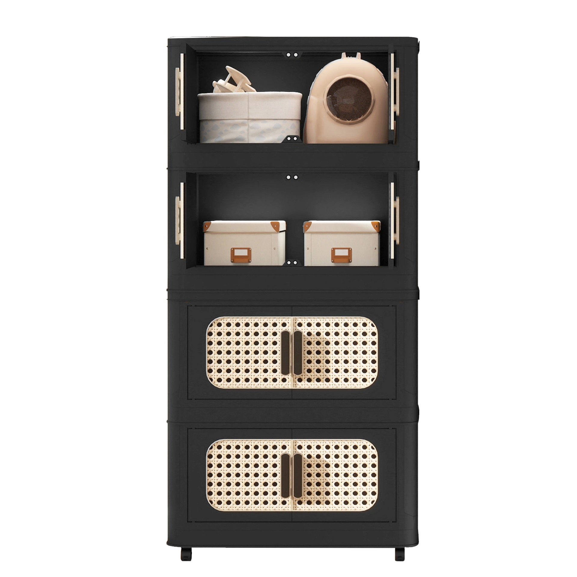 Retro Black, 20" Side Wide Folding Storage Cabinet ,4 Tiers,19.69"×11.81"×40.55",Collapsible Storage Bins with Magnetic Door, Plastic Storage Cabinet with Wheels