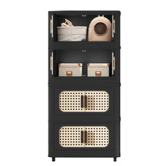 Retro Black, 20" Side Wide Folding Storage Cabinet ,4 Tiers,19.69"×11.81"×40.55",Collapsible Storage Bins with Magnetic Door, Plastic Storage Cabinet with Wheels