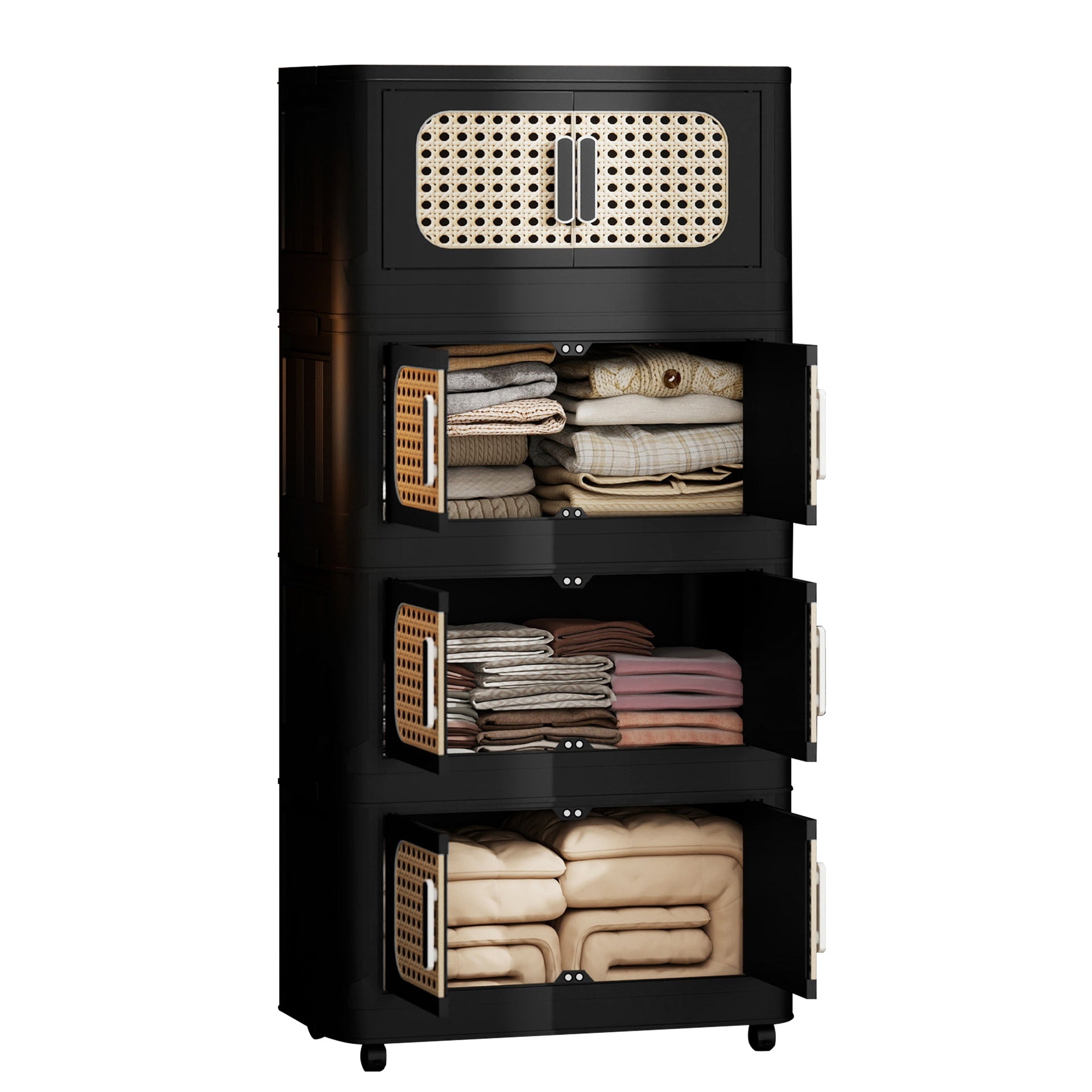 Retro Black, 20" Side Wide Folding Storage Cabinet ,4 Tiers,19.69"×11.81"×40.55",Collapsible Storage Bins with Magnetic Door, Plastic Storage Cabinet with Wheels