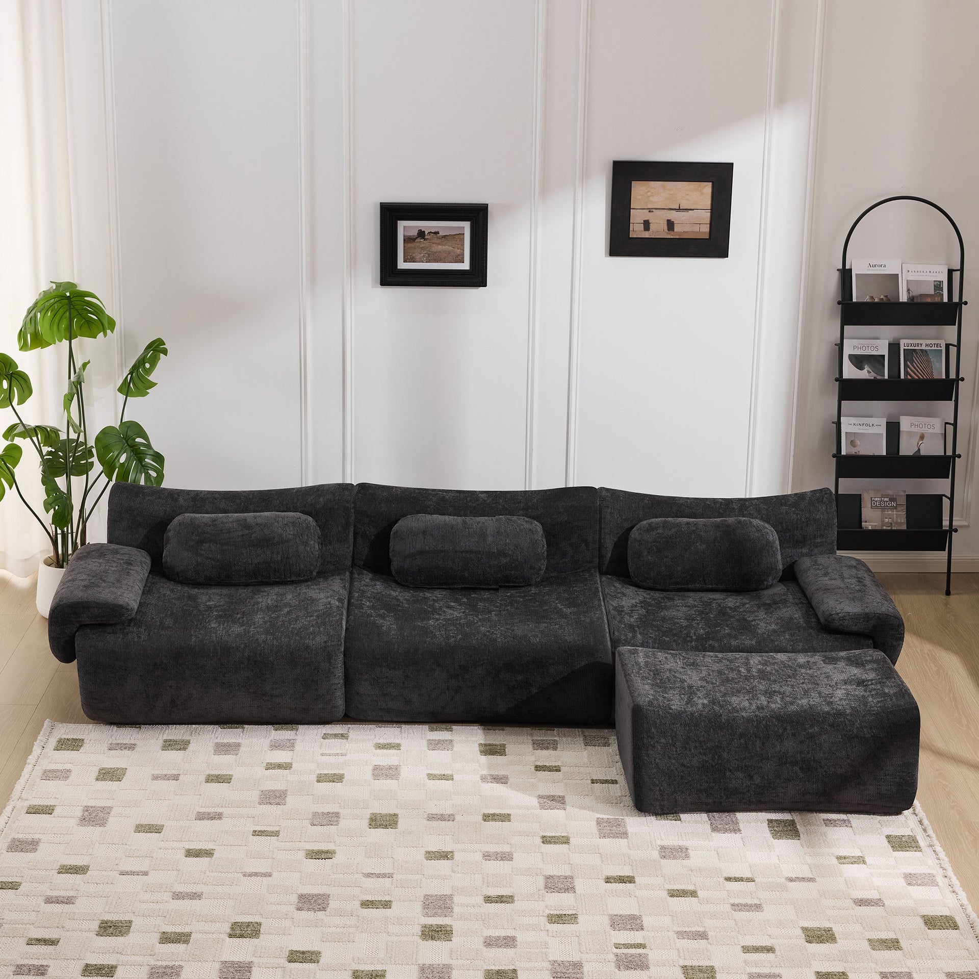 Modular Combination, Bamboo Joint Shape, Armchair, Extra-Large Compression & 3+1 Seater Chenille Deep-Seat (with 3 Pillows) All Fit Living Room/Bedroom
