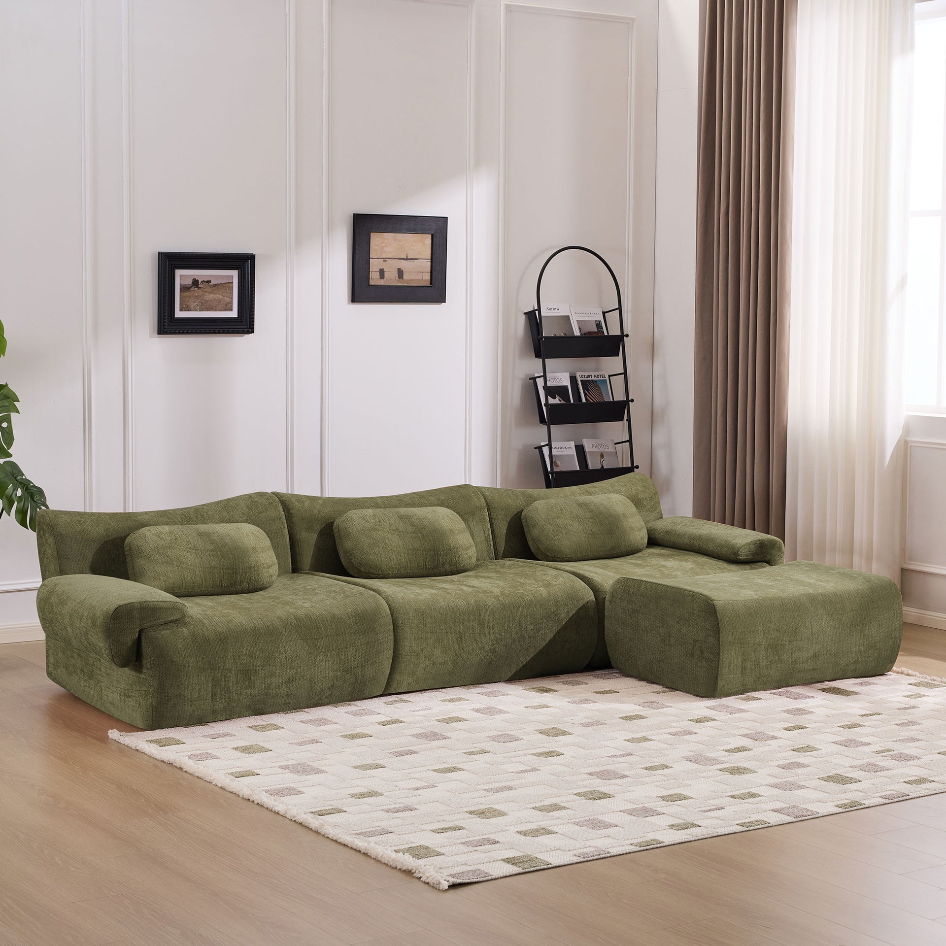 Modular Combination, Bamboo Joint Shape, Armchair, Extra-Large Compression & 3+1 Seater Chenille Deep-Seat (with 3 Pillows) All Fit Living Room/Bedroom