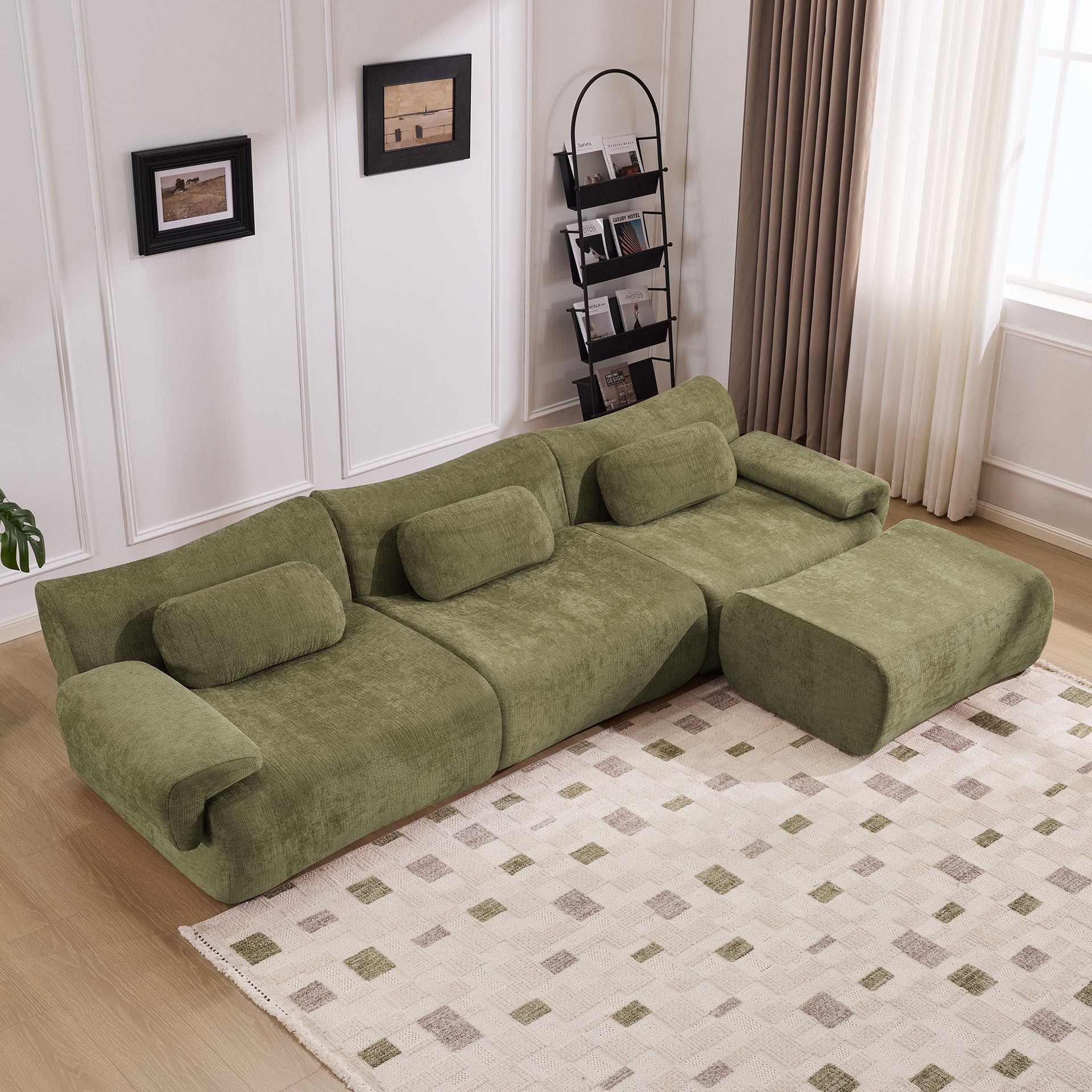 Modular Combination, Bamboo Joint Shape, Armchair, Extra-Large Compression & 3+1 Seater Chenille Deep-Seat (with 3 Pillows) All Fit Living Room/Bedroom