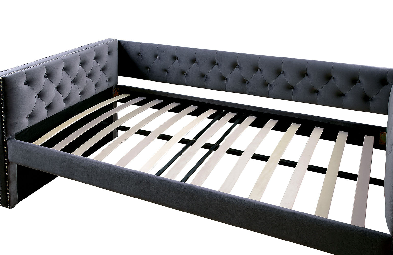 Gray Finish Transitional Style Daybed With Trundle Nailhead Trim Padded Button Tufted Upholstery Tuxedo Design Slat Kit Included