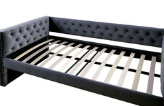 Gray Finish Transitional Style Daybed With Trundle Nailhead Trim Padded Button Tufted Upholstery Tuxedo Design Slat Kit Included