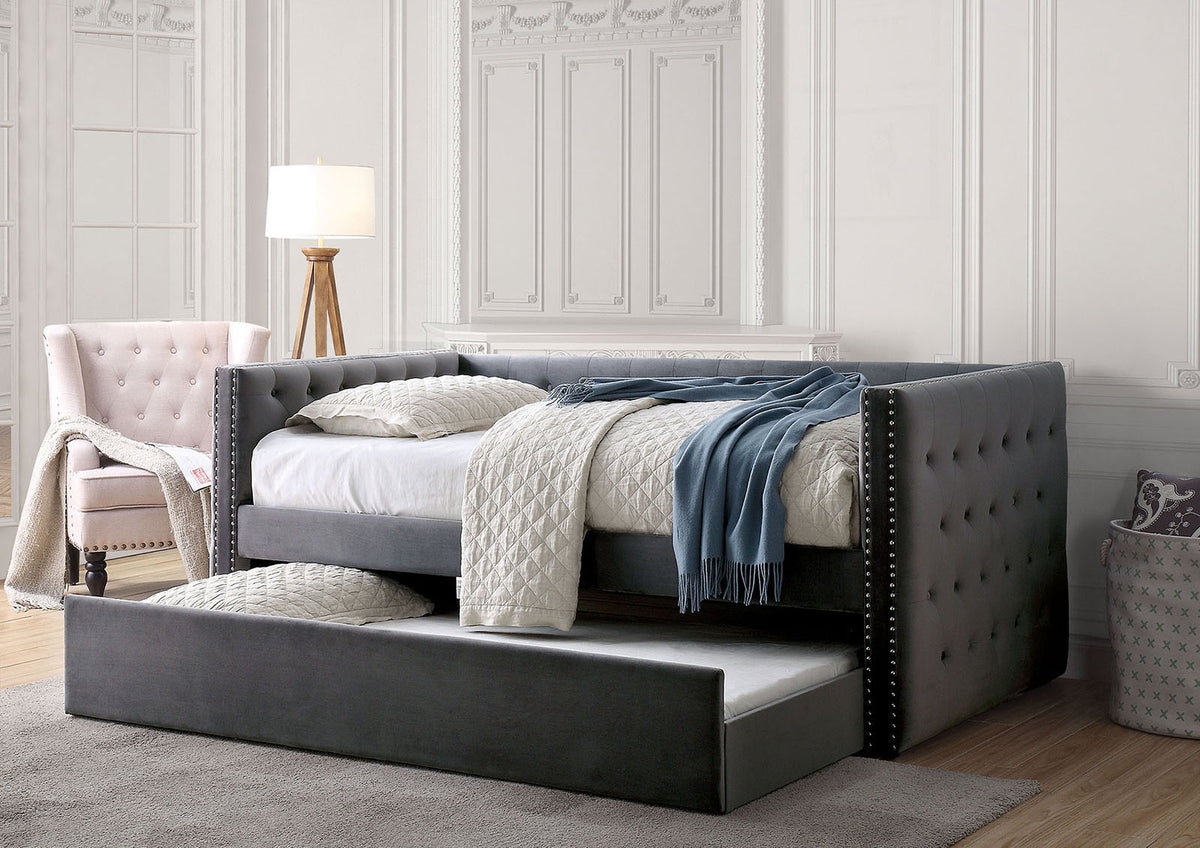 Gray Finish Transitional Style Daybed With Trundle Nailhead Trim Padded Button Tufted Upholstery Tuxedo Design Slat Kit Included