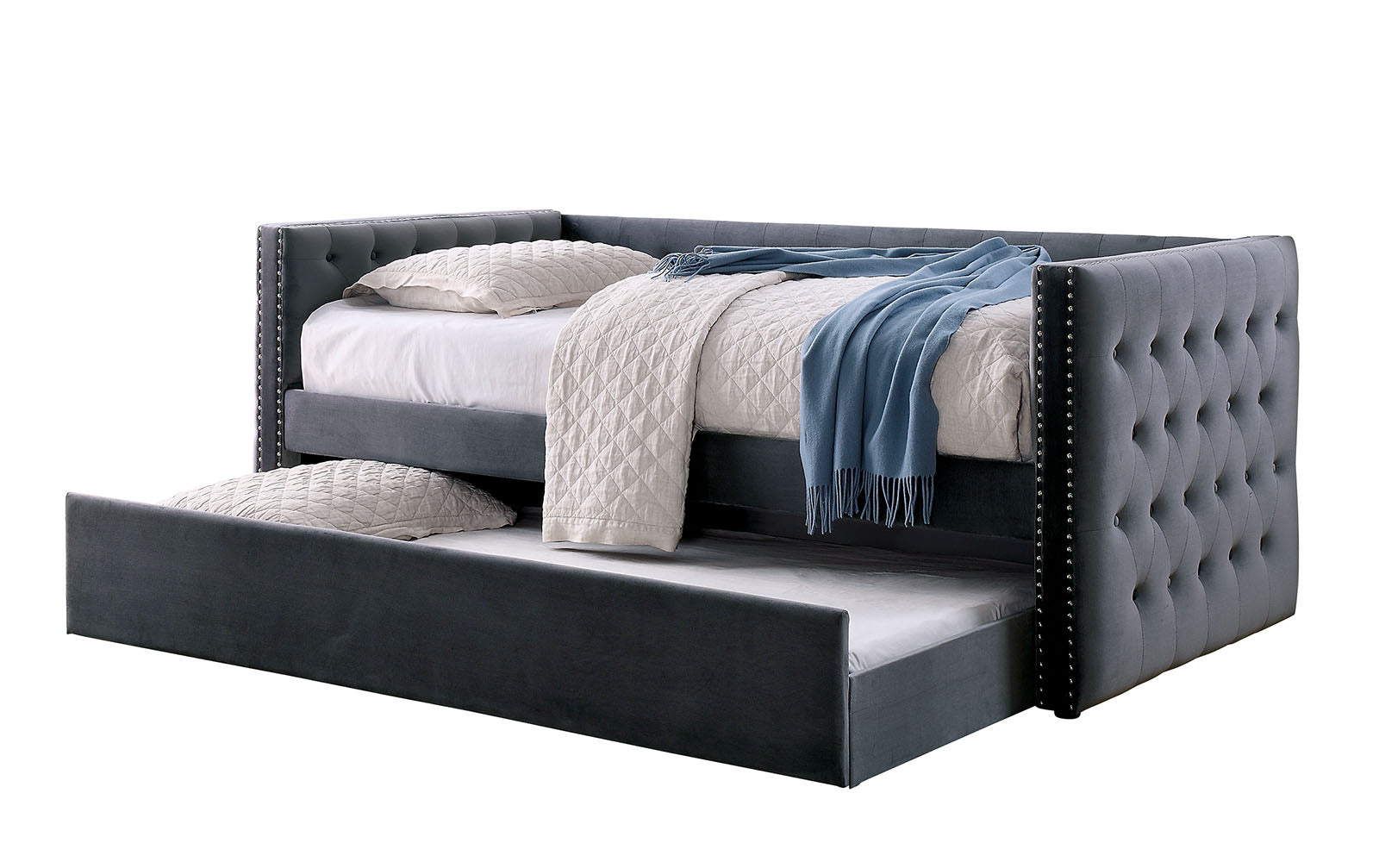 Gray Finish Transitional Style Daybed With Trundle Nailhead Trim Padded Button Tufted Upholstery Tuxedo Design Slat Kit Included