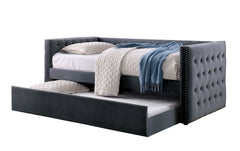 Gray Finish Transitional Style Daybed With Trundle Nailhead Trim Padded Button Tufted Upholstery Tuxedo Design Slat Kit Included