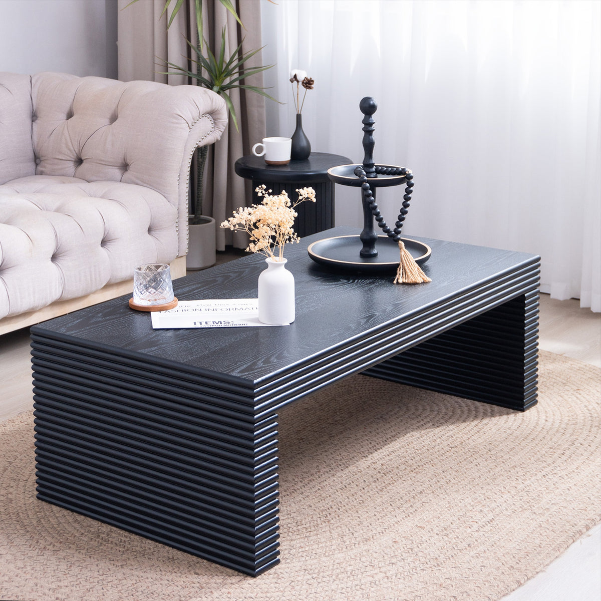 47.6" Modern Black Ribbed Coffee Table – Rectangular Low Profile Center Table for Living Room